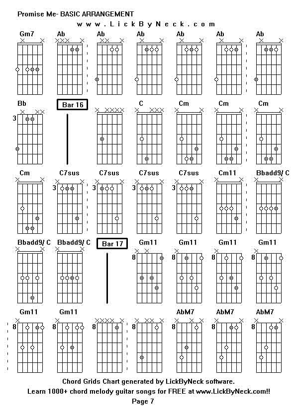 Chord Grids Chart of chord melody fingerstyle guitar song-Promise Me- BASIC ARRANGEMENT,generated by LickByNeck software.